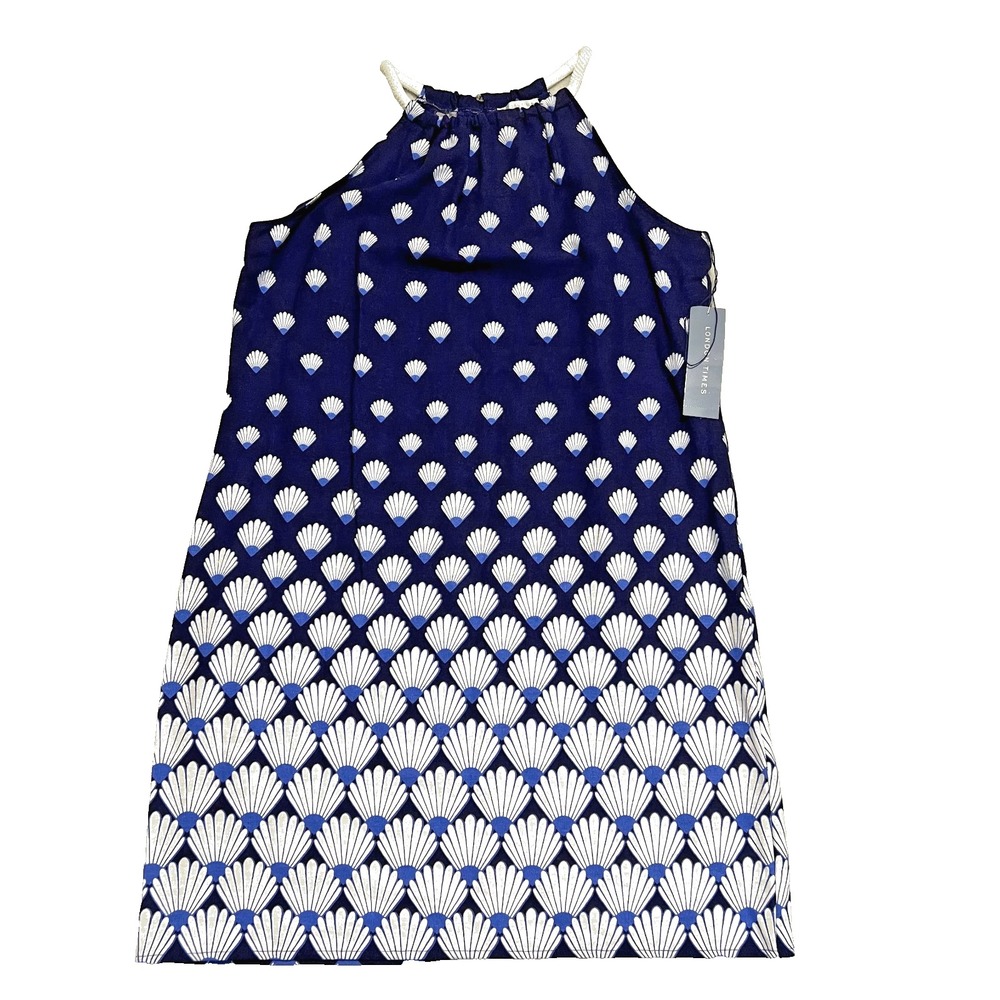 London Times Women's Shift Dress Size 8 Navy Blue White Shell Print Linen Blend